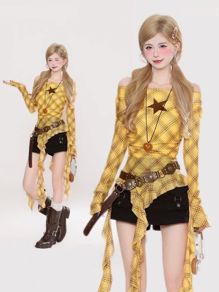 Y2K Plaid Slash Neck Vintage T - Vintage Fashion T Shirts recension och pris
