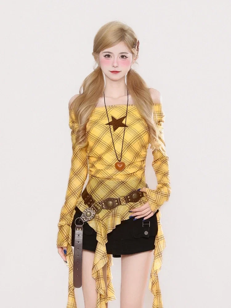 Y2K Plaid Slash Neck Vintage T - Vintage Fashion T Shirts recension och pris