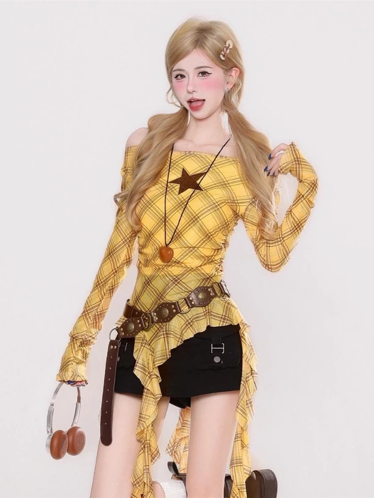 Y2K Plaid Slash Neck Vintage T - Vintage Fashion T Shirts recension och pris